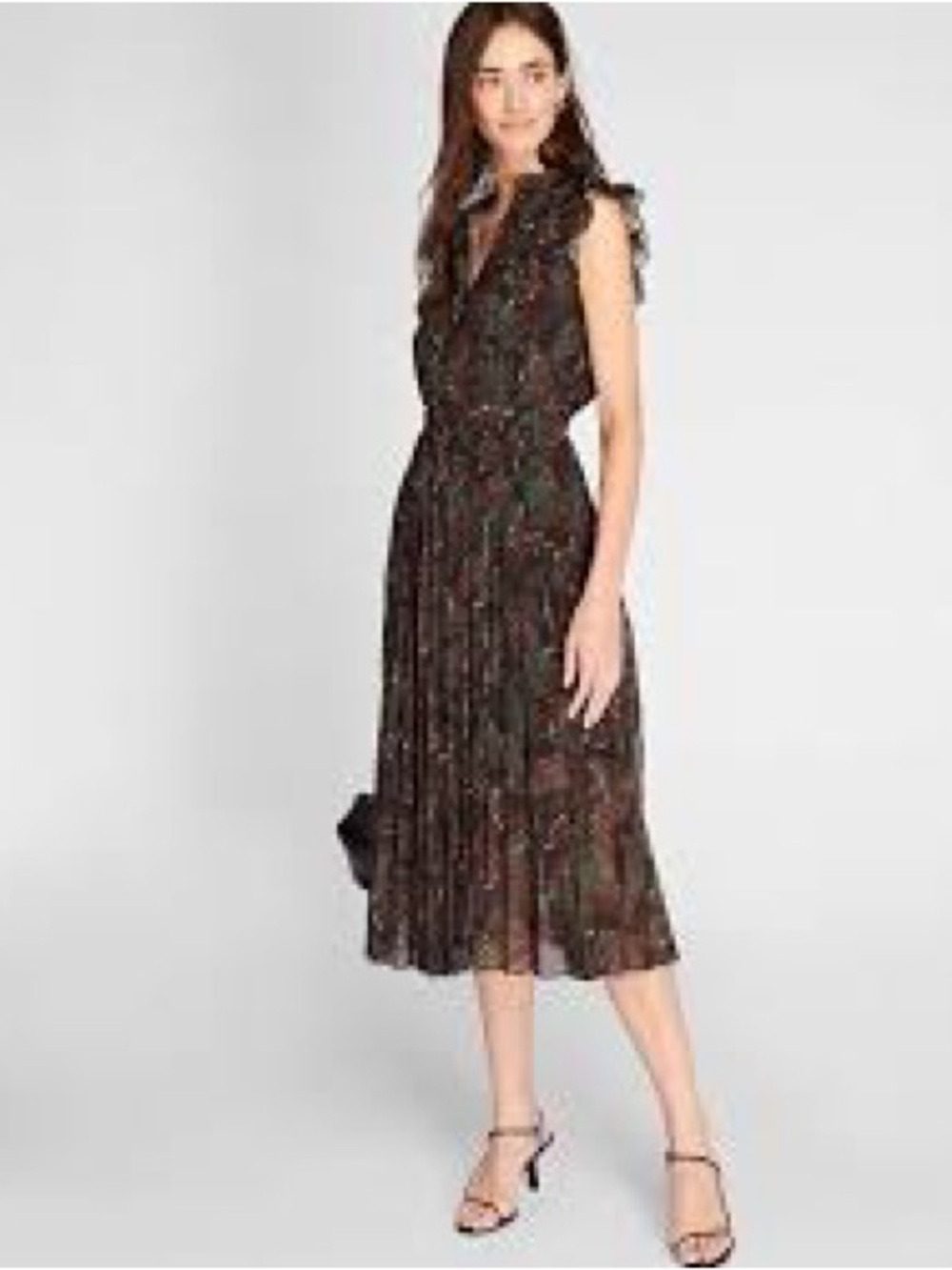 Ruffled Floral Midi Dress in Brown